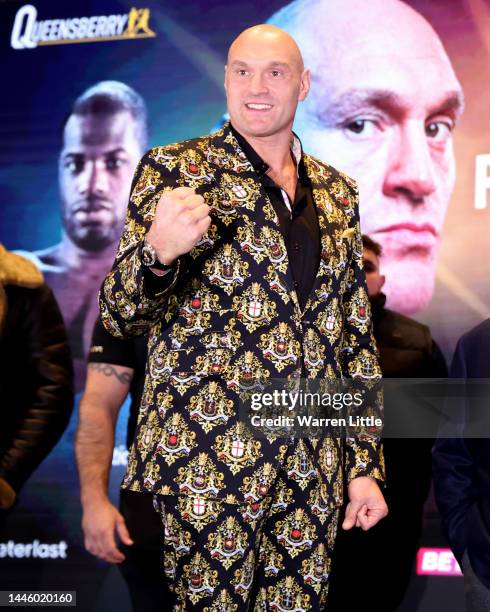 Tyson Fury reacts during the Tyson Fury v Derek Chisora: Press Conference at Tottenham Hotspur Stadium on December 01, 2022 in London, England.