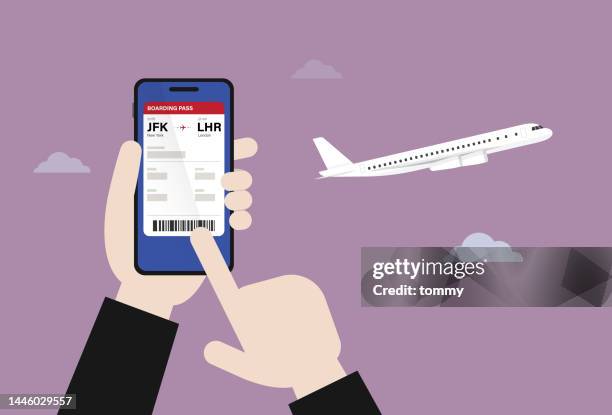 geschäftsmann verwendet online-bordkarte auf mobiltelefon - boarding pass stock-grafiken, -clipart, -cartoons und -symbole