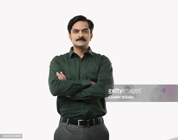 confident businessman with arms crossed on white background - mustache isolated stockfoto's en -beelden