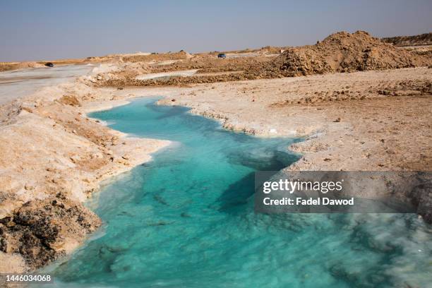 General view of the salt lakes on November 30, 2022 in Siwa Oasis in Marsa Matrouh Governorate, Egypt. Located near the oasis of Siwa close to the...