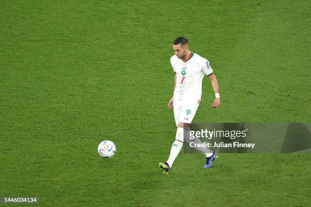 Hakim Ziyech of Morocco scores the team's first goal during the FIFA World Cup Qatar 2022 Group F match between Canada and Morocco at Al Thumama...