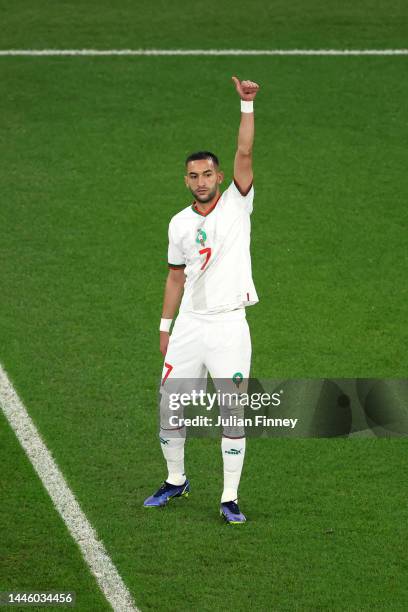 Hakim Ziyech of Morocco celebrates after scoring the team's first goal during the FIFA World Cup Qatar 2022 Group F match between Canada and Morocco...