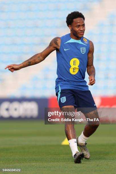 Raheem Sterling of England looks on during a training session at Al Wakrah Stadium on December 01, 2022 in Doha, Qatar.