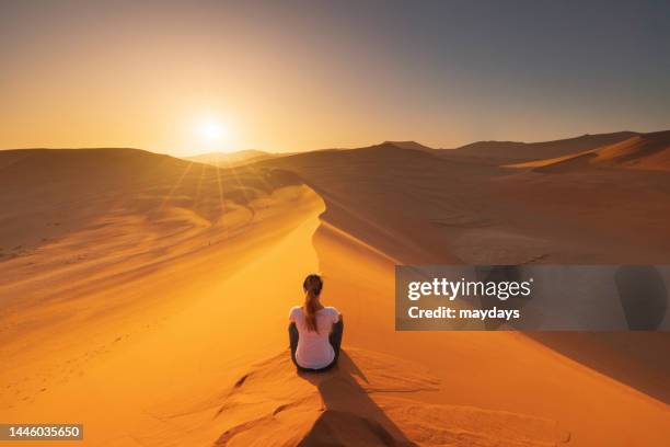 a woman admiring the landscape at sossusvlei, namibia - sossusvlei stock pictures, royalty-free photos & images