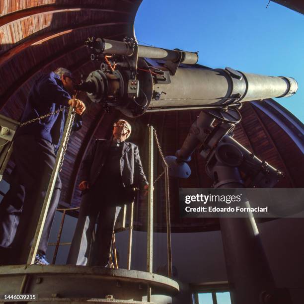 View of Reverends Sabino Maffeo and George Coyne with the large telescope of Cupola 1 Specola Vaticana, the Vatican Observatory, Castel Gandolfo,...