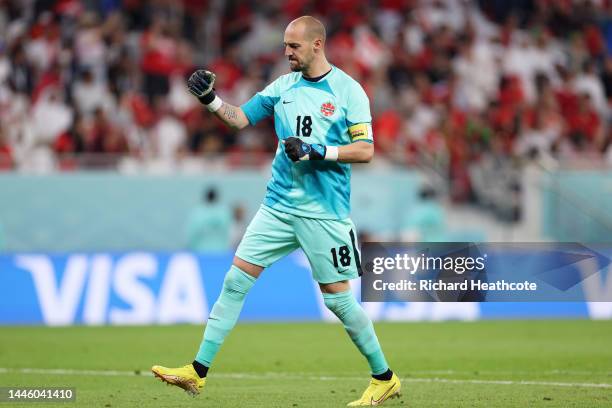 Milan Borjan of Canada celebrates after an own goal by Nayef Aguerd of Morocco during the FIFA World Cup Qatar 2022 Group F match between Canada and...