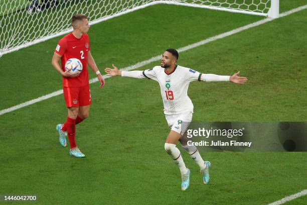 Youssef En-Nesyri of Morocco celebrates after scoring the team's third goal later ruled offside during the FIFA World Cup Qatar 2022 Group F match...