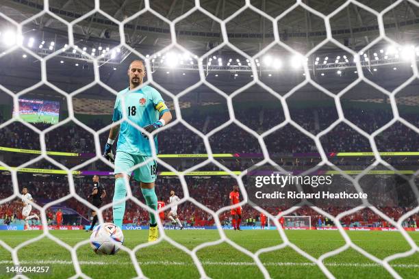 Milan Borjan of Canada reacts after allowing the first goal to Morocco during the FIFA World Cup Qatar 2022 Group F match between Canada and Morocco...