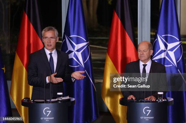 German Chancellor Olaf Scholz and NATO Secretary General Jens Stoltenberg speak to the media during talks at the Chancellery on December 01, 2022 in...