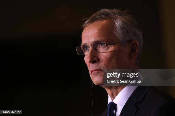 Secretary General Jens Stoltenberg and German Chancellor Olaf Scholz speak to the media during talks at the Chancellery on December 01, 2022 in...