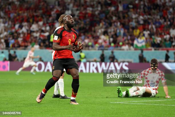 Romelu Lukaku of Belgium reacts after a missed chance after during the FIFA World Cup Qatar 2022 Group F match between Croatia and Belgium at Ahmad...