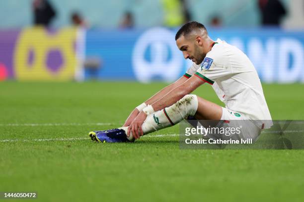 Hakim Ziyech of Morocco reacts after missing a chance during the FIFA World Cup Qatar 2022 Group F match between Canada and Morocco at Al Thumama...