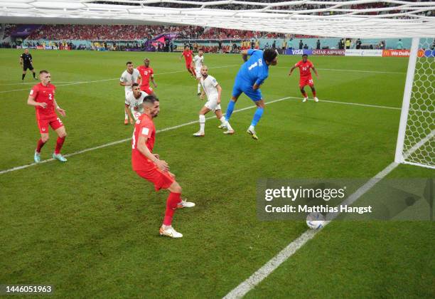 The header of Atiba Hutchinson of Canada drops on the goal line after hitting the crossbar during the FIFA World Cup Qatar 2022 Group F match between...