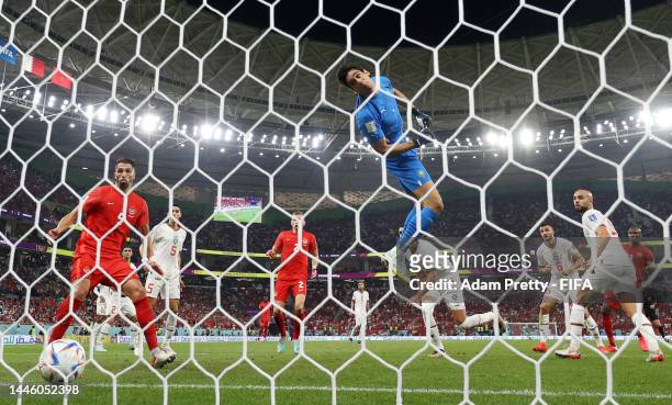 The header of Atiba Hutchinson of Canada drops on the goal line after hitting the crossbar during the FIFA World Cup Qatar 2022 Group F match between...