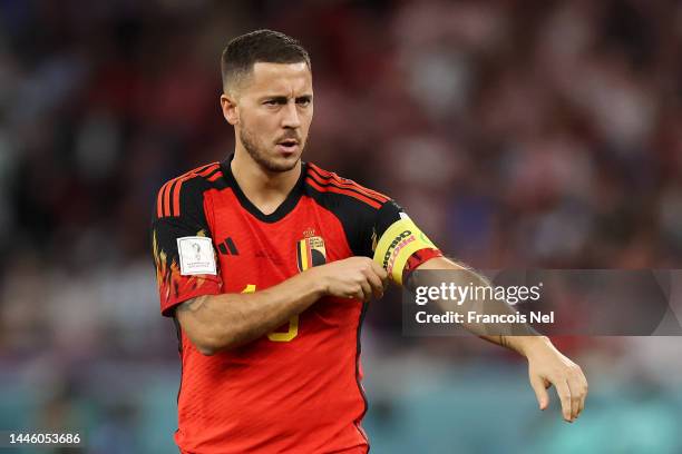 Eden Hazard of Belgium puts on the 'Protect Children' captains armband during the FIFA World Cup Qatar 2022 Group F match between Croatia and Belgium...