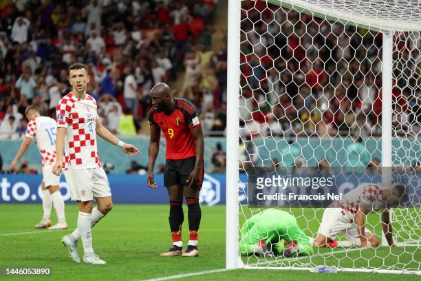 Romelu Lukaku of Belgium reacts after a missed chance during the FIFA World Cup Qatar 2022 Group F match between Croatia and Belgium at Ahmad Bin Ali...