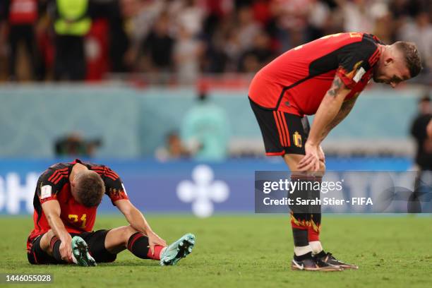 Timothy Castagne of Belgium looks dejected after their sides' elimination from the tournament during the FIFA World Cup Qatar 2022 Group F match...
