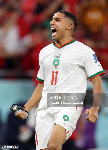 Abdelhamid Sabiri of Morocco celebrates their 2-1 victory and gone through to the knock out stage as top of the group in the FIFA World Cup Qatar...