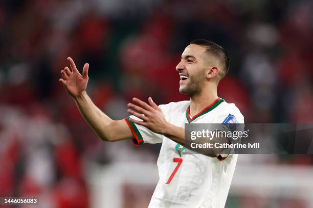 Hakim Ziyech of Morocco celebrates following victory after the FIFA World Cup Qatar 2022 Group F match between Canada and Morocco at Al Thumama...