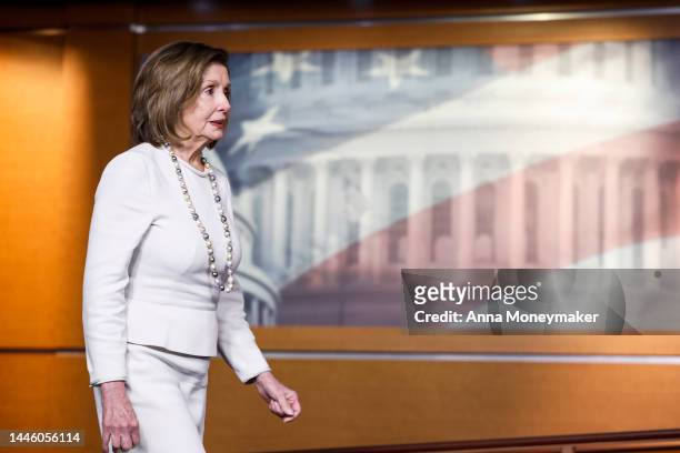 Speaker of the House Rep. Nancy Pelosi arrives to her weekly news conference at the U.S. Capitol Building on December 01, 2022 in Washington, DC....