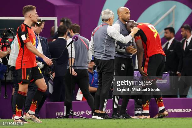 Romelu Lukaku of Belgium reacts with assistant coach Thierry Henry after the FIFA World Cup Qatar 2022 Group F match between Croatia and Belgium at...