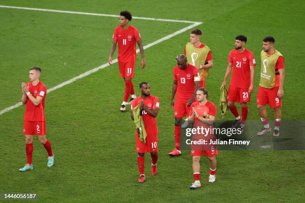Canada players applaud fans after their 1-2 defeat in the FIFA World Cup Qatar 2022 Group F match between Canada and Morocco at Al Thumama Stadium on...