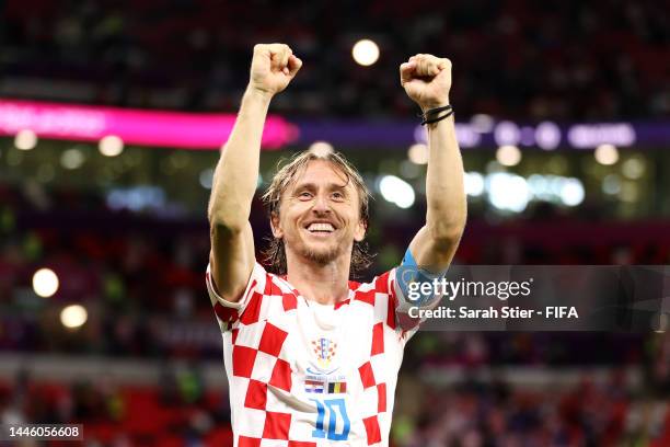 Luka Modric of Croatia celebrates after the team's qualification to the knockout stages during the FIFA World Cup Qatar 2022 Group F match between...