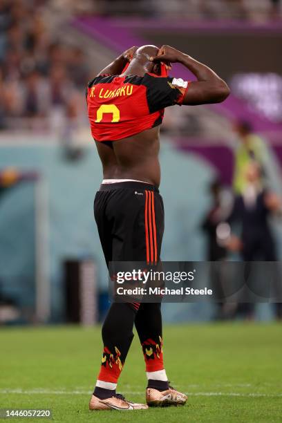 Romelu Lukaku of Belgium looks dejected after their sides' elimination from the tournament during the FIFA World Cup Qatar 2022 Group F match between...