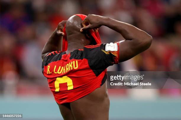 Romelu Lukaku of Belgium looks dejected after their sides' elimination from the tournament during the FIFA World Cup Qatar 2022 Group F match between...
