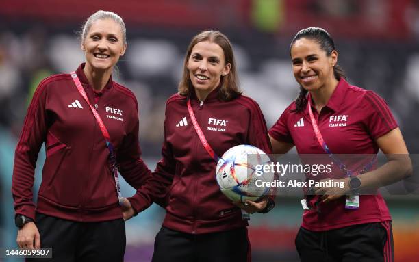 Referee Stephanie Frappart, assistant referees Neuza Back and Karen Diaz Medina inspect the pitch prior to the FIFA World Cup Qatar 2022 Group E...