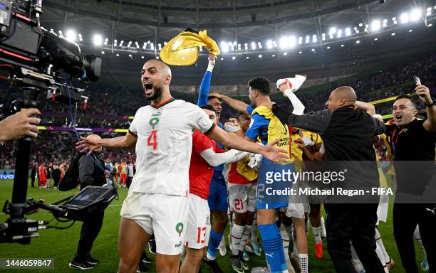 Sofyan Amrabat of Morocco celebrates after the 2-1 victory and gone through to the knockout stage as the top of the group after the FIFA World Cup...