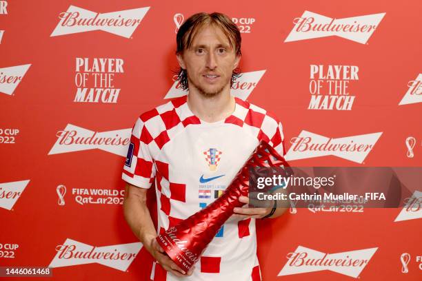 Luka Modric of Croatia poses with the Budweiser Player of the Match Trophy during the FIFA World Cup Qatar 2022 Group F match between Croatia and...