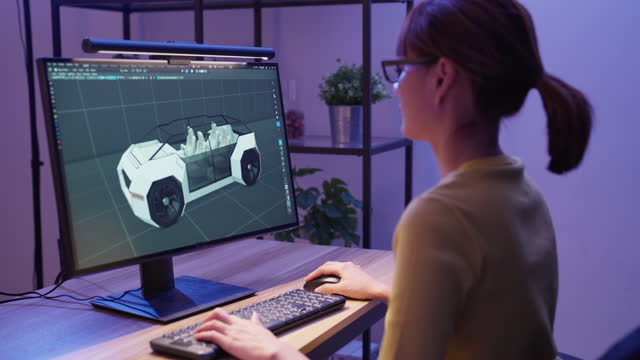 Female Designer Using Computer to Design Her 3d Work at Home.