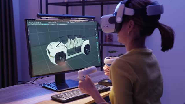 Female Designer Using Computer and Vr to Design Her 3d Work at Home.