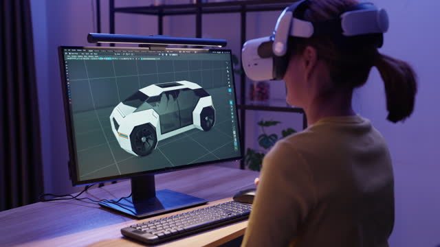 Female Designer Using Computer and Vr to Design Her 3d Work at Home.