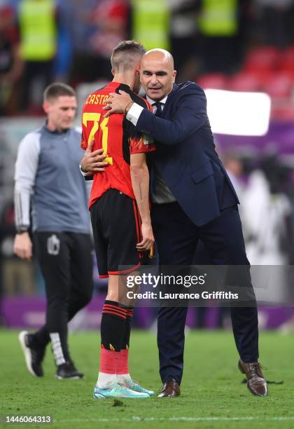 Roberto Martinez, Head Coach of Belgium, embraces Timothy Castagne after the FIFA World Cup Qatar 2022 Group F match between Croatia and Belgium at...