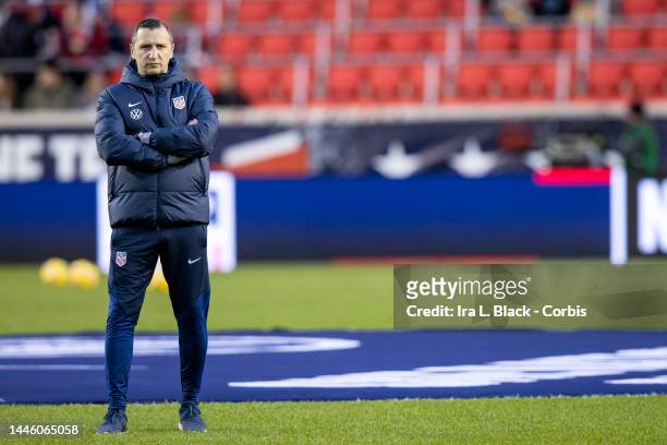 Vlatko Andonovski Head Coach of United States watches his team during warm ups before the women's international friendly match against Germany at Red...