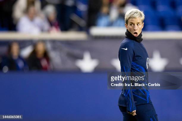 Megan Rapinoe of United States reacts to a shot on goal during warm ups before the women's international friendly match against Germany at Red Bull...