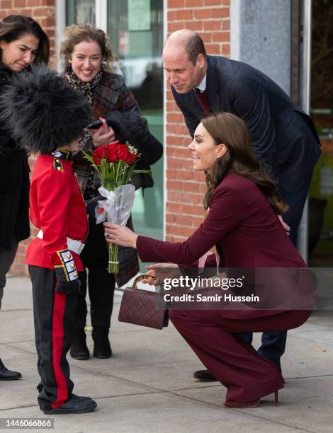 Prince William, Prince of Wales and Catherine, Princess of Wales meet a boy dressed as a guard at Greentown Labs, North America’s largest clean-tech...