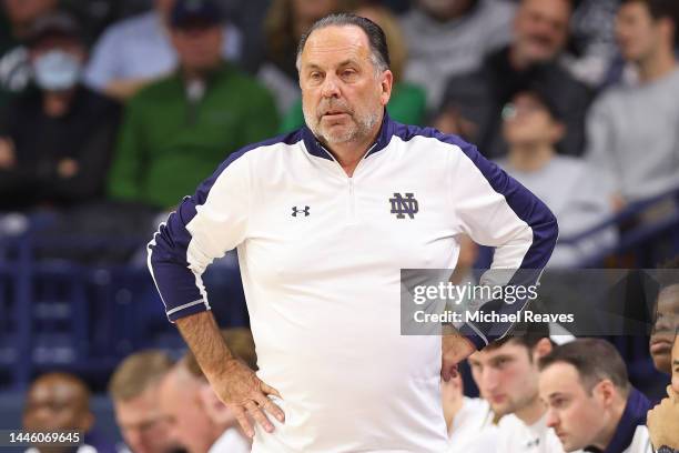 Head coach Mike Brey of the Notre Dame Fighting Irish reacts against the Michigan State Spartans during the first half at the Purcell Pavilion at the...