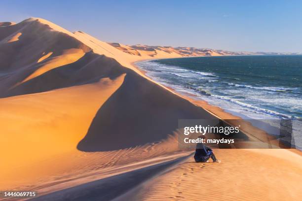 woman admiring the landscape in namibia - walvis bay stock-fotos und bilder