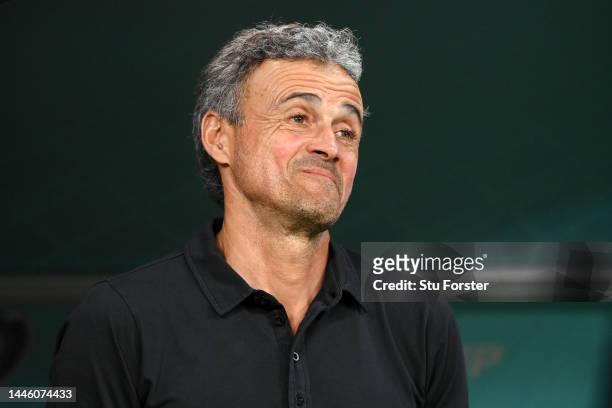 Luis Enrique, Head Coach of Spain, looks on prior to the FIFA World Cup Qatar 2022 Group E match between Japan and Spain at Khalifa International...