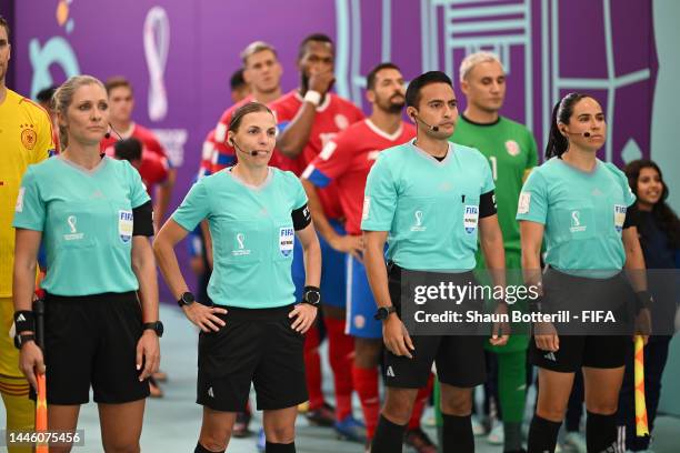 Referees Neuza Ines Back, Stephanie Frappart and Karen Diaz Medina prepare to enter the pitch prior to the FIFA World Cup Qatar 2022 Group E match...