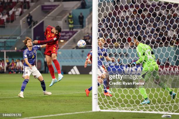 Alvaro Morata of Spain heads to score his side's first goal during the FIFA World Cup Qatar 2022 Group E match between Japan and Spain at Khalifa...