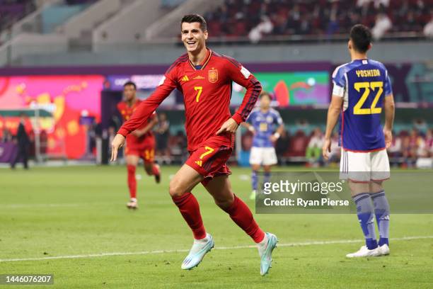 Alvaro Morata of Spain celebrates scoring his side's first goal during the FIFA World Cup Qatar 2022 Group E match between Japan and Spain at Khalifa...