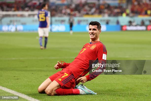 Alvaro Morata of Spain celebrates scoring his side's first goal during the FIFA World Cup Qatar 2022 Group E match between Japan and Spain at Khalifa...