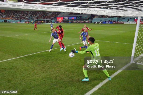 Alvaro Morata of Spain heads to score the first goal past Shuichi Gonda of Japan during the FIFA World Cup Qatar 2022 Group E match between Japan and...