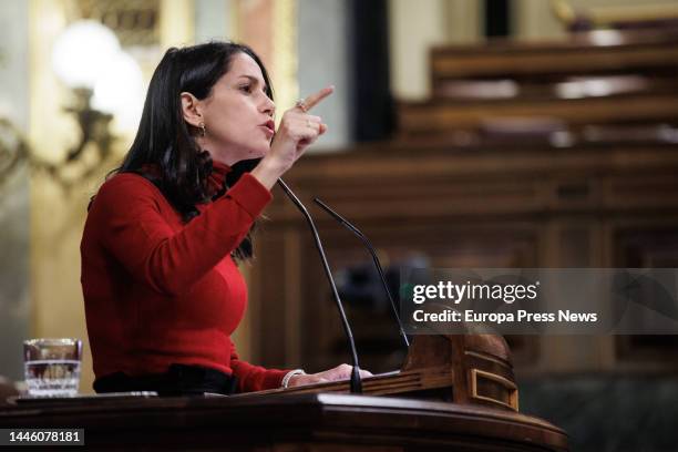 The president of Ciudadanos, Ines Arrimadas, speaks during a plenary session at the Congress of Deputies, on December 1 in Madrid, Spain. The plenary...