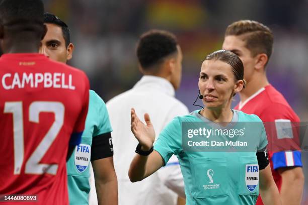 Referee Stephanie Frappart speaks to players prior to the FIFA World Cup Qatar 2022 Group E match between Costa Rica and Germany at Al Bayt Stadium...