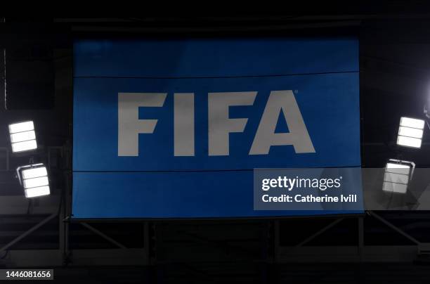 View of the FIFA logo on a flag during the FIFA World Cup Qatar 2022 Group F match between Canada and Morocco at Al Thumama Stadium on December 01,...